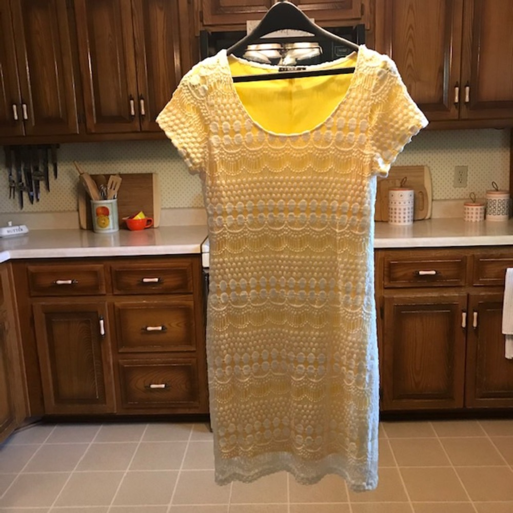 Vintage Med Dress Yellow & White Lace Overlay Midi